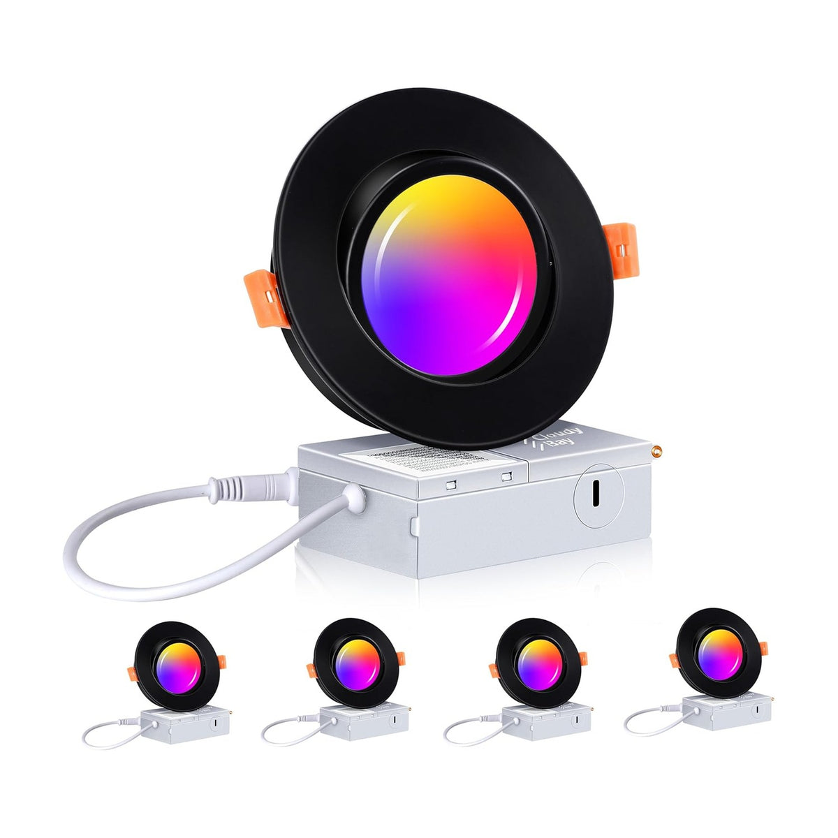 Single black gimbal recessed light with white baffle lens tilted upward on a white background, with size callout text