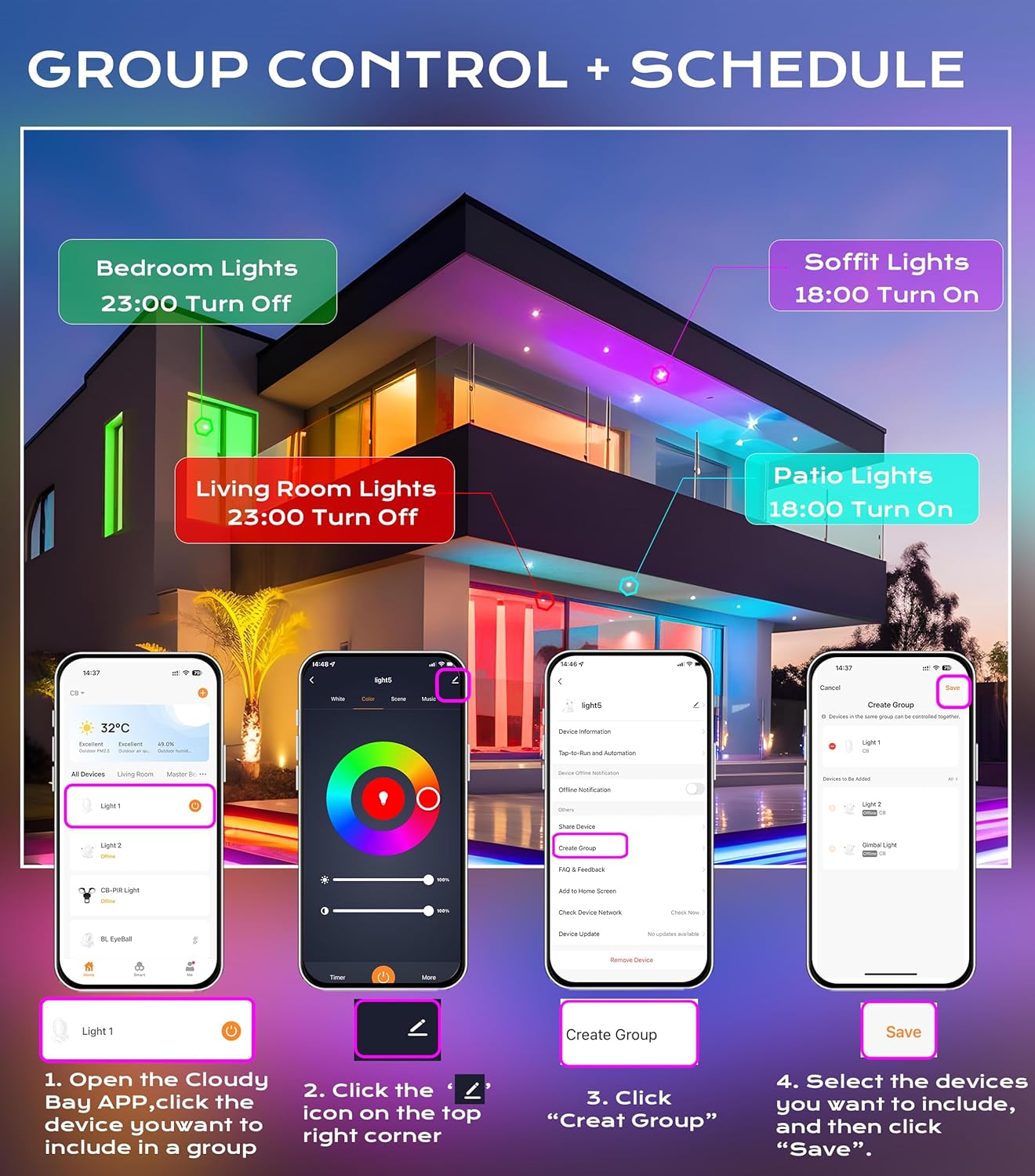 Smart WiFi LED Recessed Lights, 4 inch Gimbal, RGBCW Color Changing, Black, 4 PCs