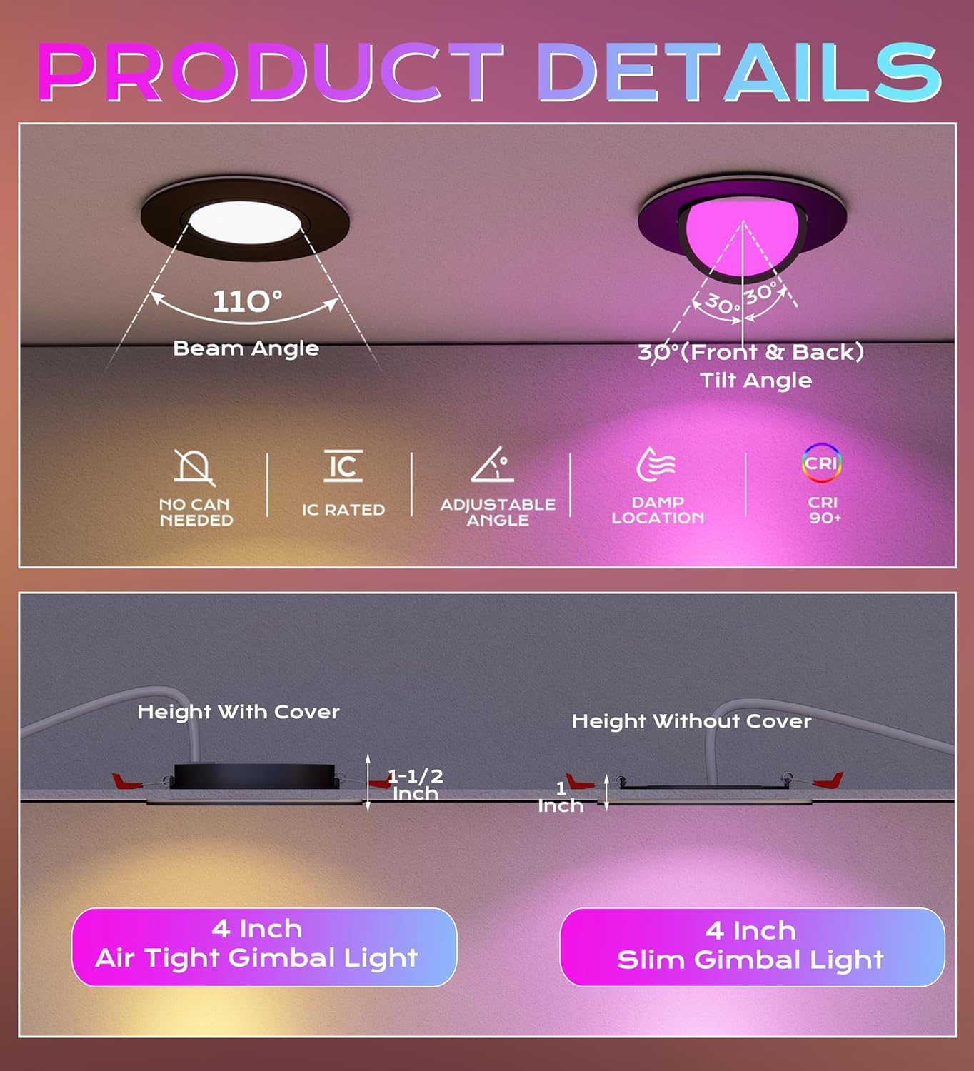 Smart WiFi LED Recessed Lights, 4 inch Gimbal, RGBCW Color Changing, Black, 4 PCs