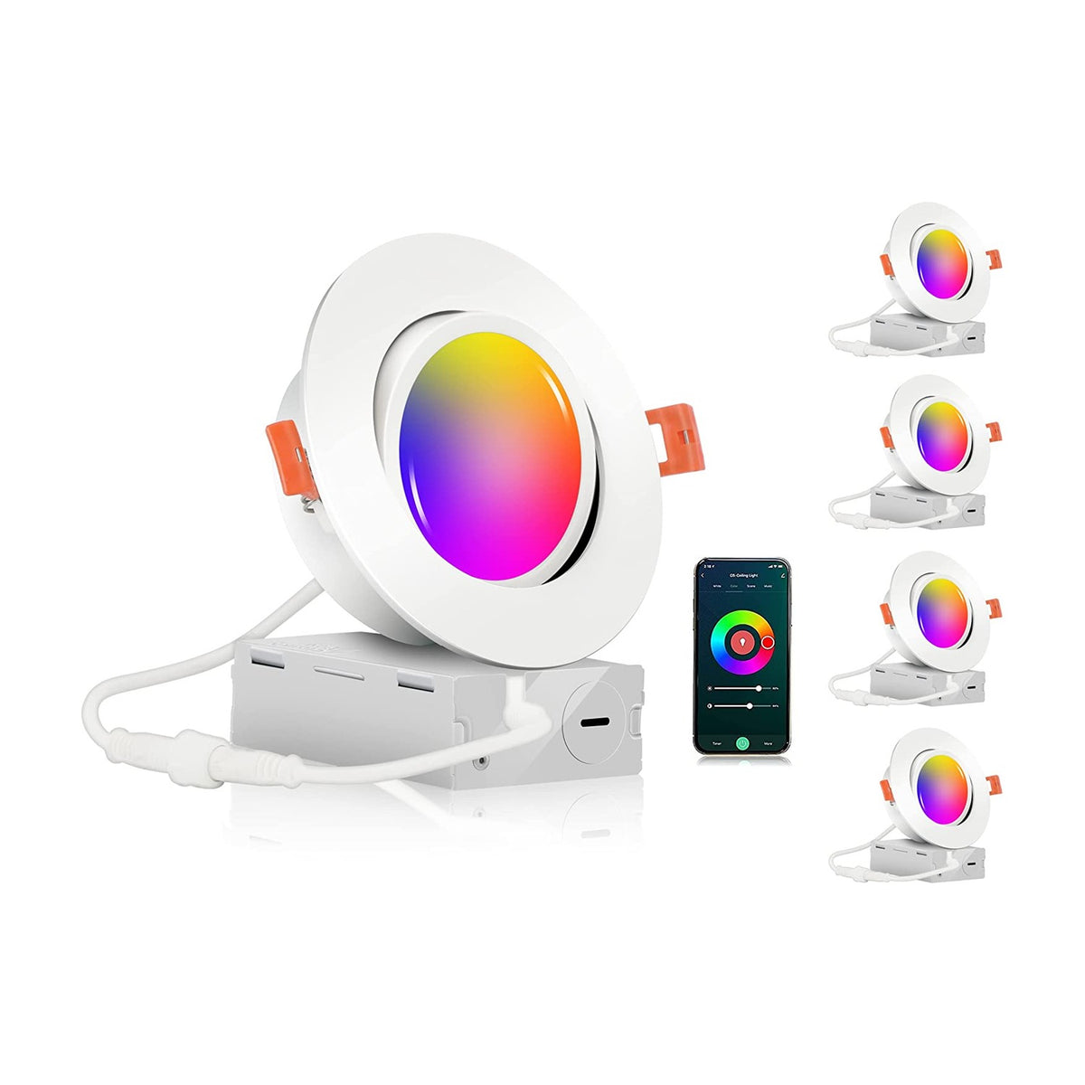 Cloudy Bay Four white smart gimbal recessed lights, RGB color lenses, with phone app color wheel and slider controls