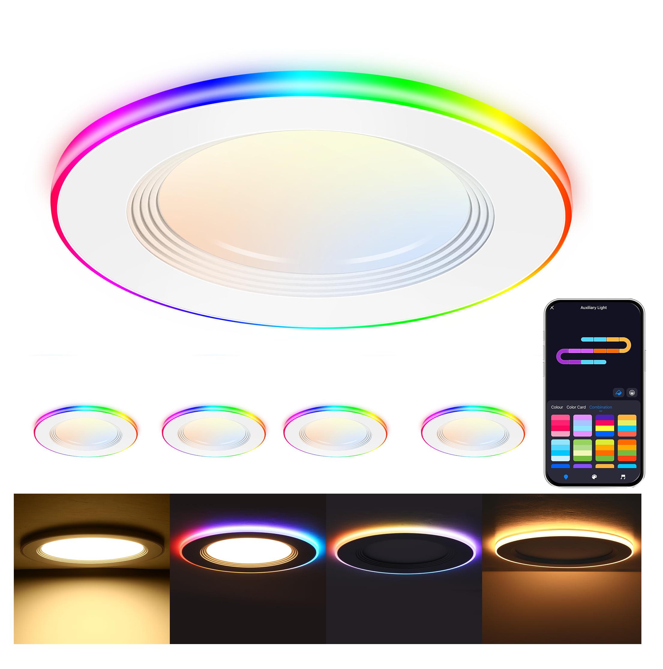 Cloudy Bay 4-pack of 4-inch RGB smart recessed downlights, white background