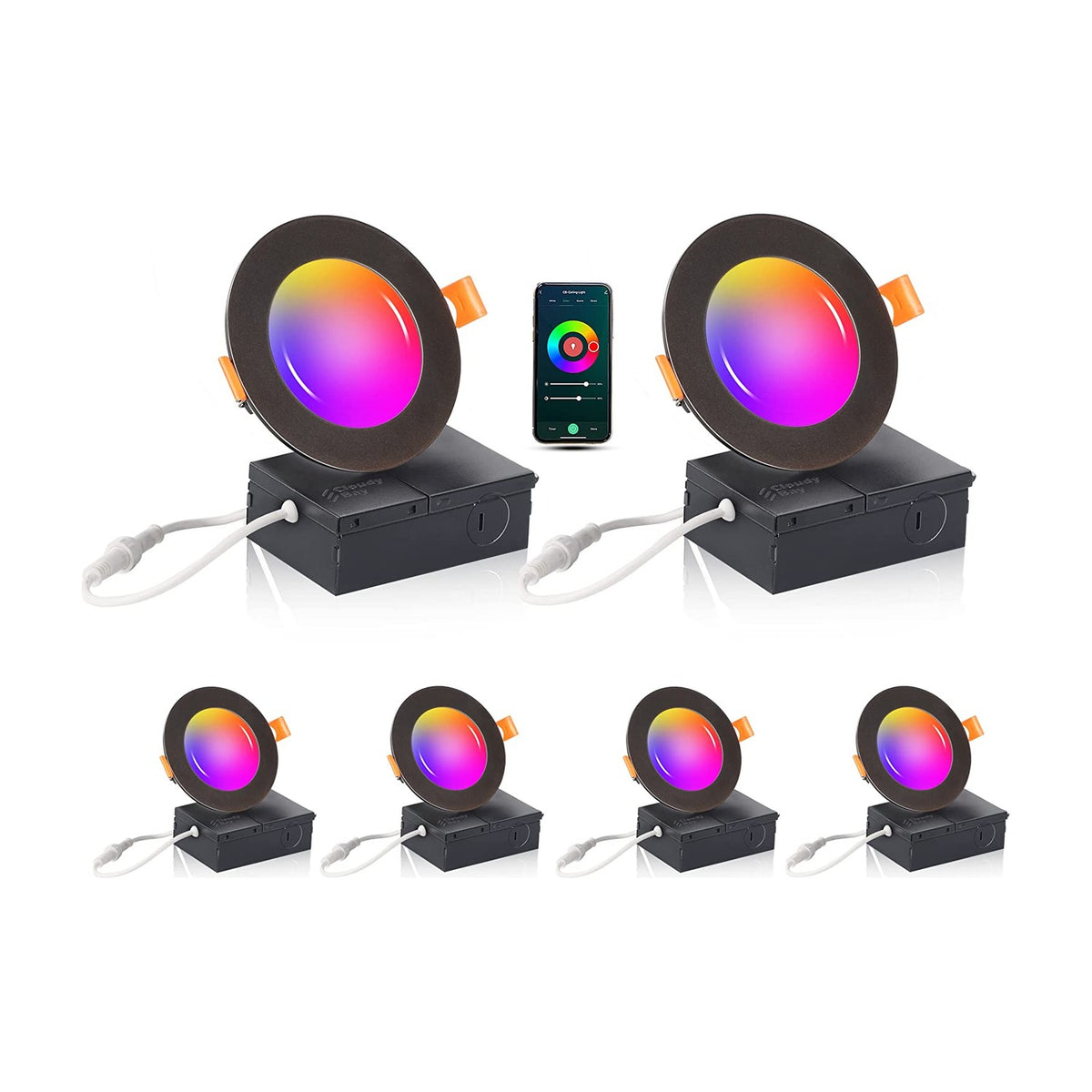 Cloudy Bay Six slim smart LED recessed downlight kits in oil-rubbed bronze with junction boxes and spring clips, white