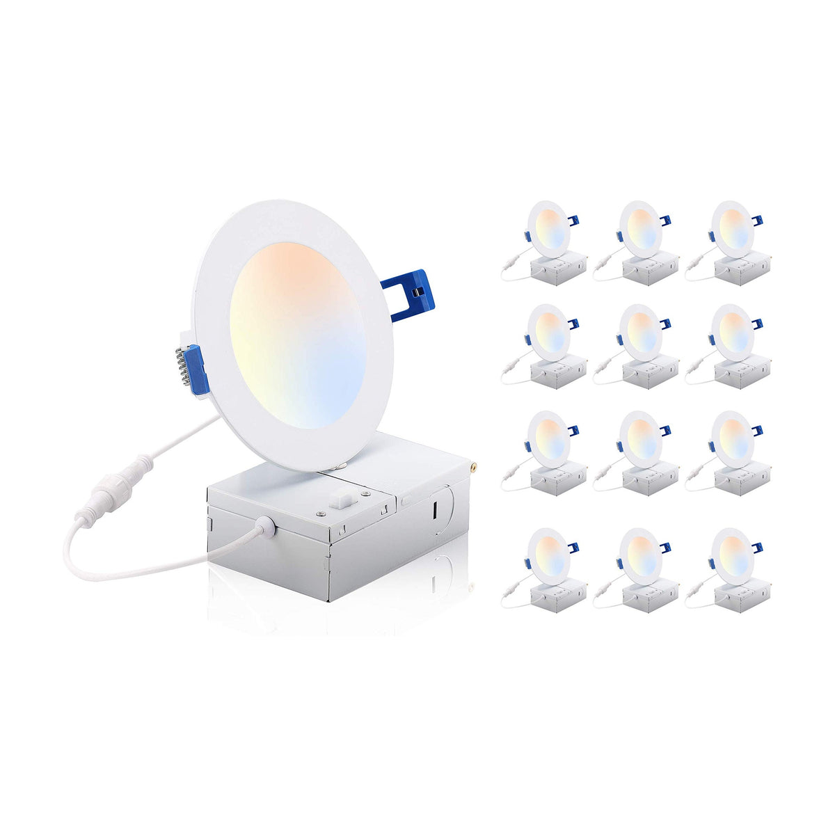 Pack of twelve white ultra-thin LED recessed lights arranged in a white-background product shot