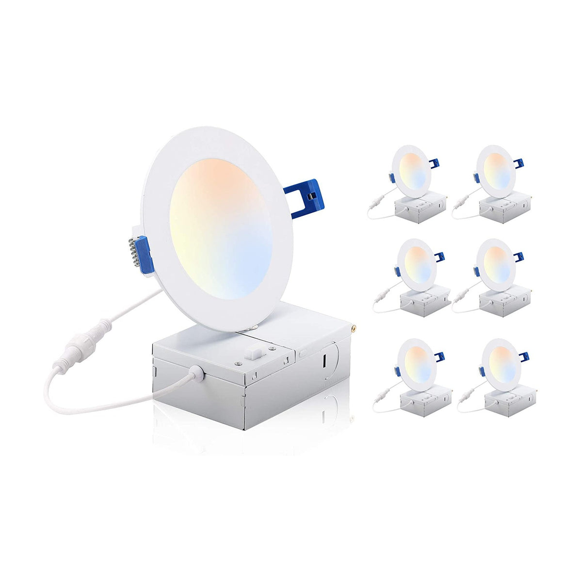 White ultra slim LED downlight six-pack with driver boxes, angled foreground unit and top color temperature swatch strip