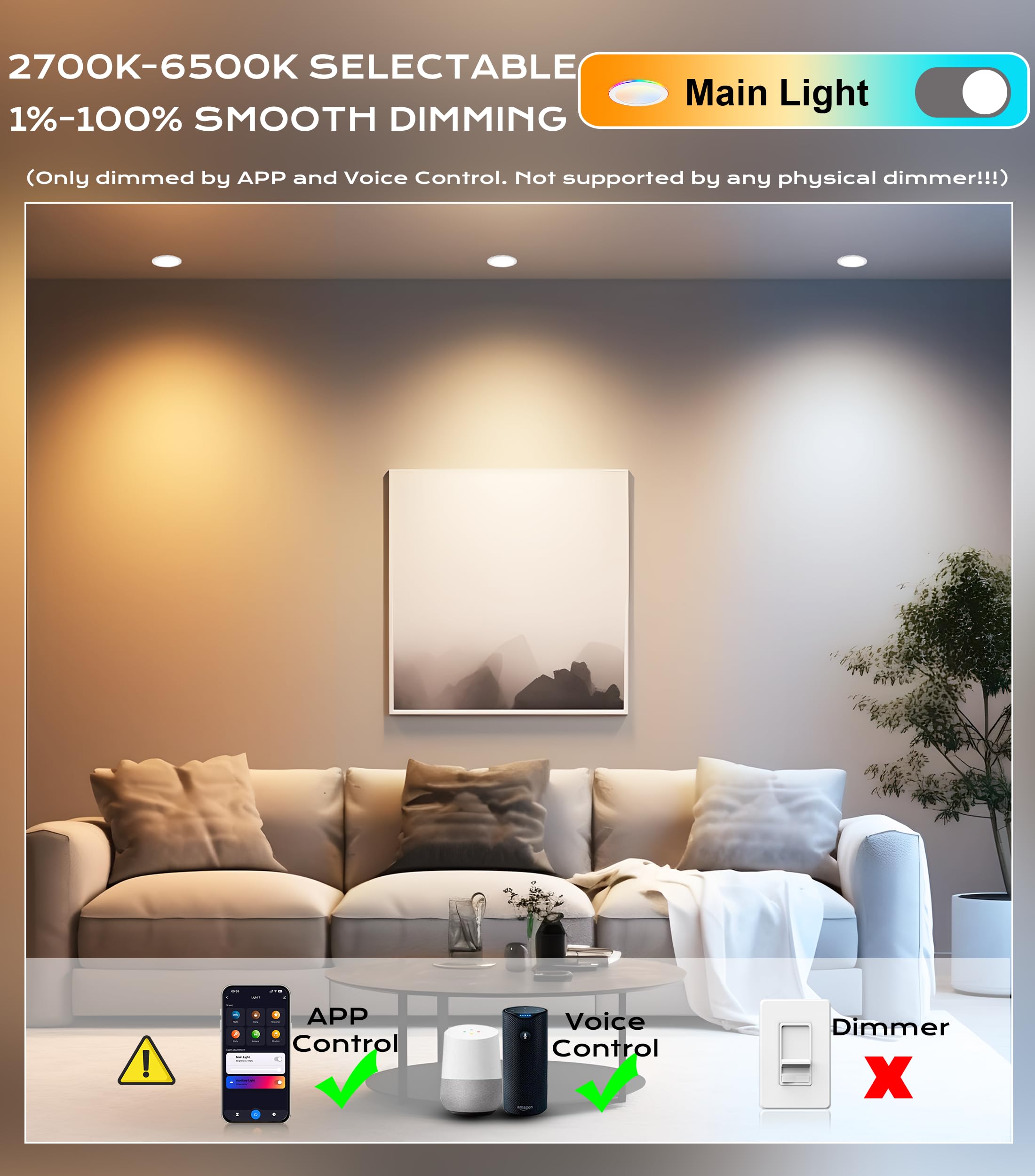 Colorful downlights glowing in a kids room ceiling, playful evening mood