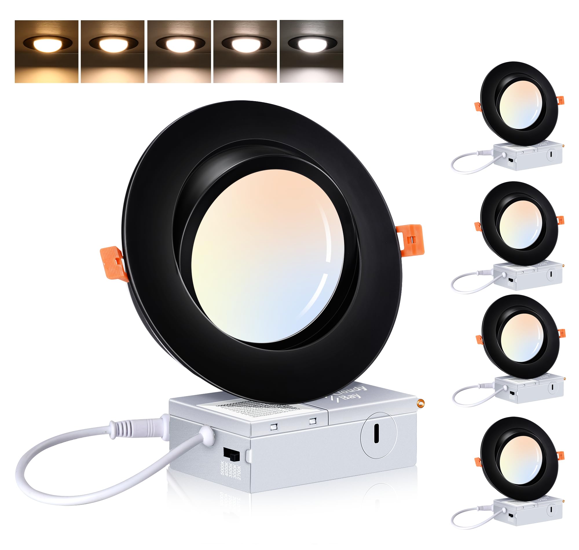 Cloudy Bay 4-pack of 6-inch black gimbal 5CCT recessed downlights, white background