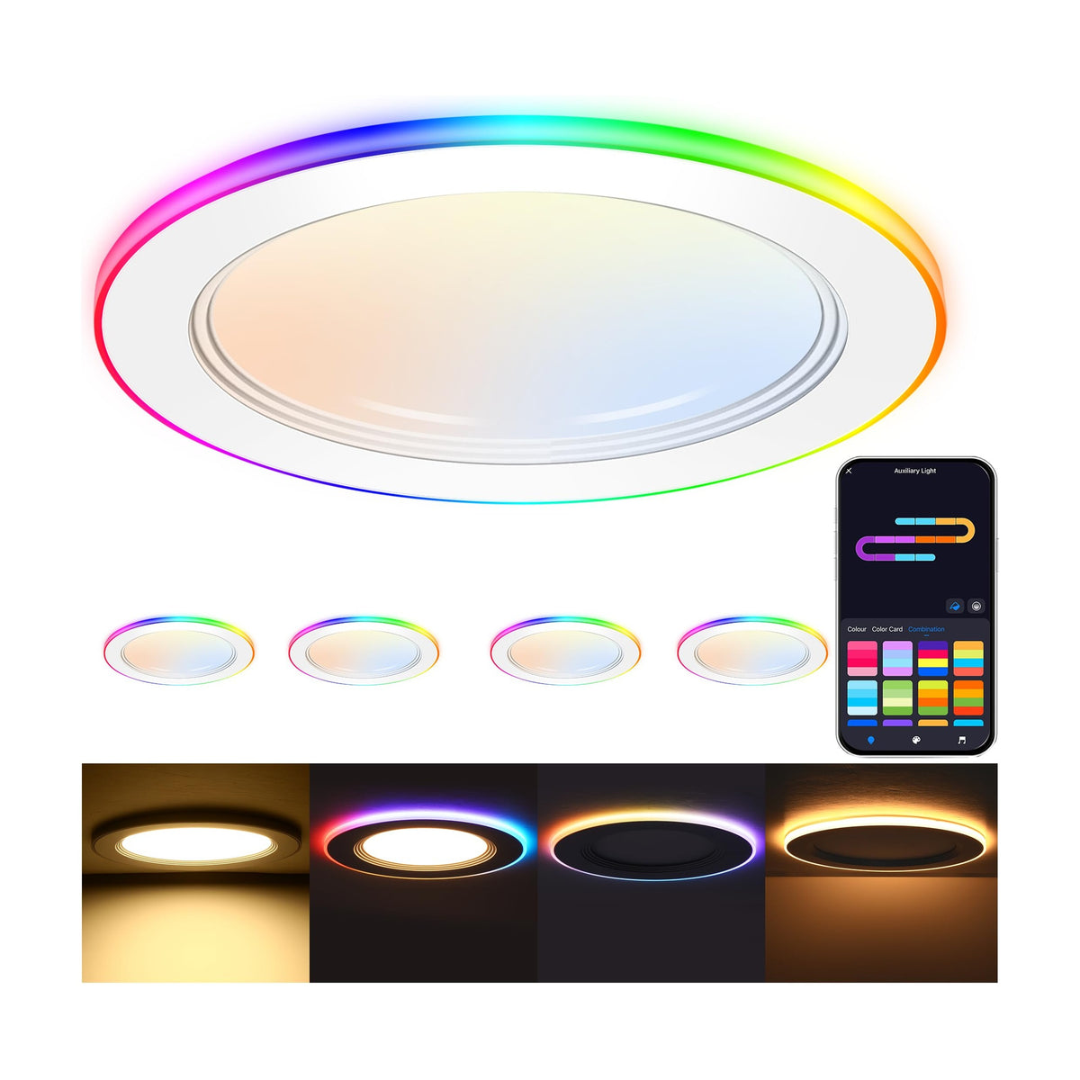Cloudy Bay 4-pack of 6-inch RGB smart recessed lights shown lit with app color control