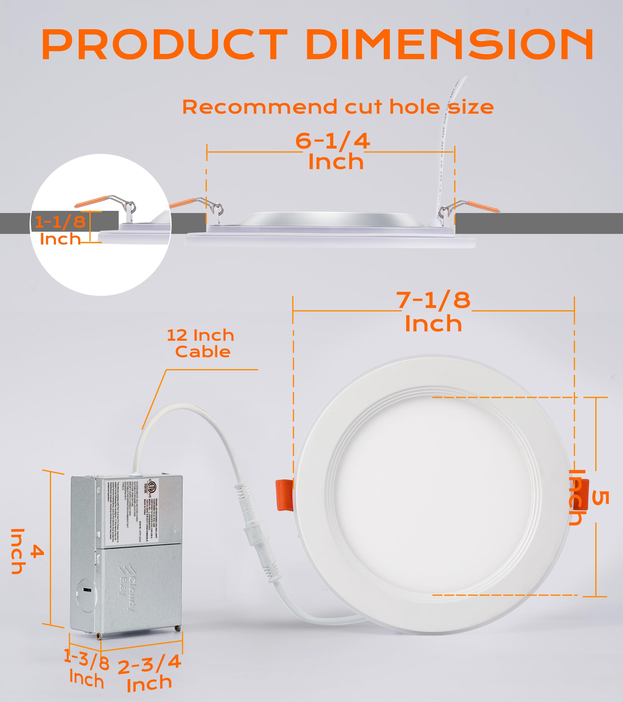 Dimension diagram of the slim 6-inch recessed light with cutout size, junction box, driver and cable measurements