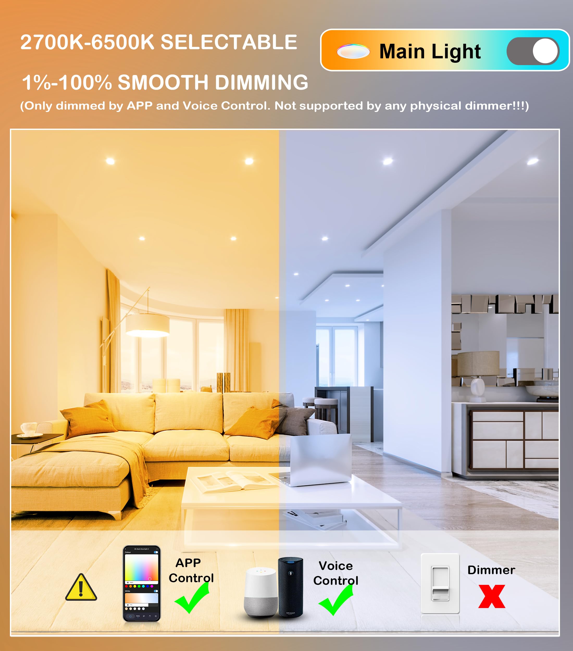 2700K-6500K selectable color temperature shown warm to cool in a living room, with app and voice dimming