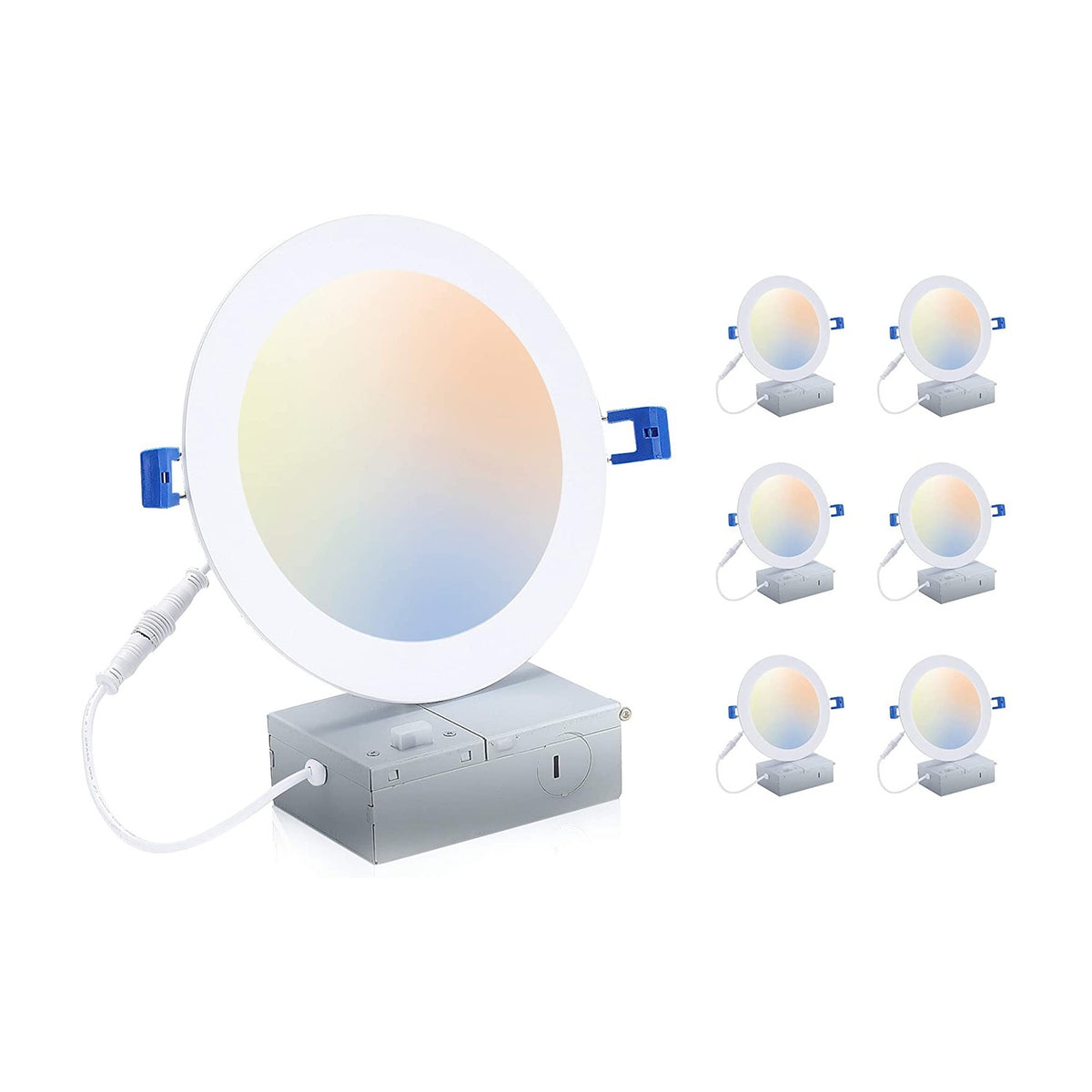 Cloudy Bay Multi-pack of slim white 6-inch LED recessed downlights with junction boxes, one unit shown enlarged