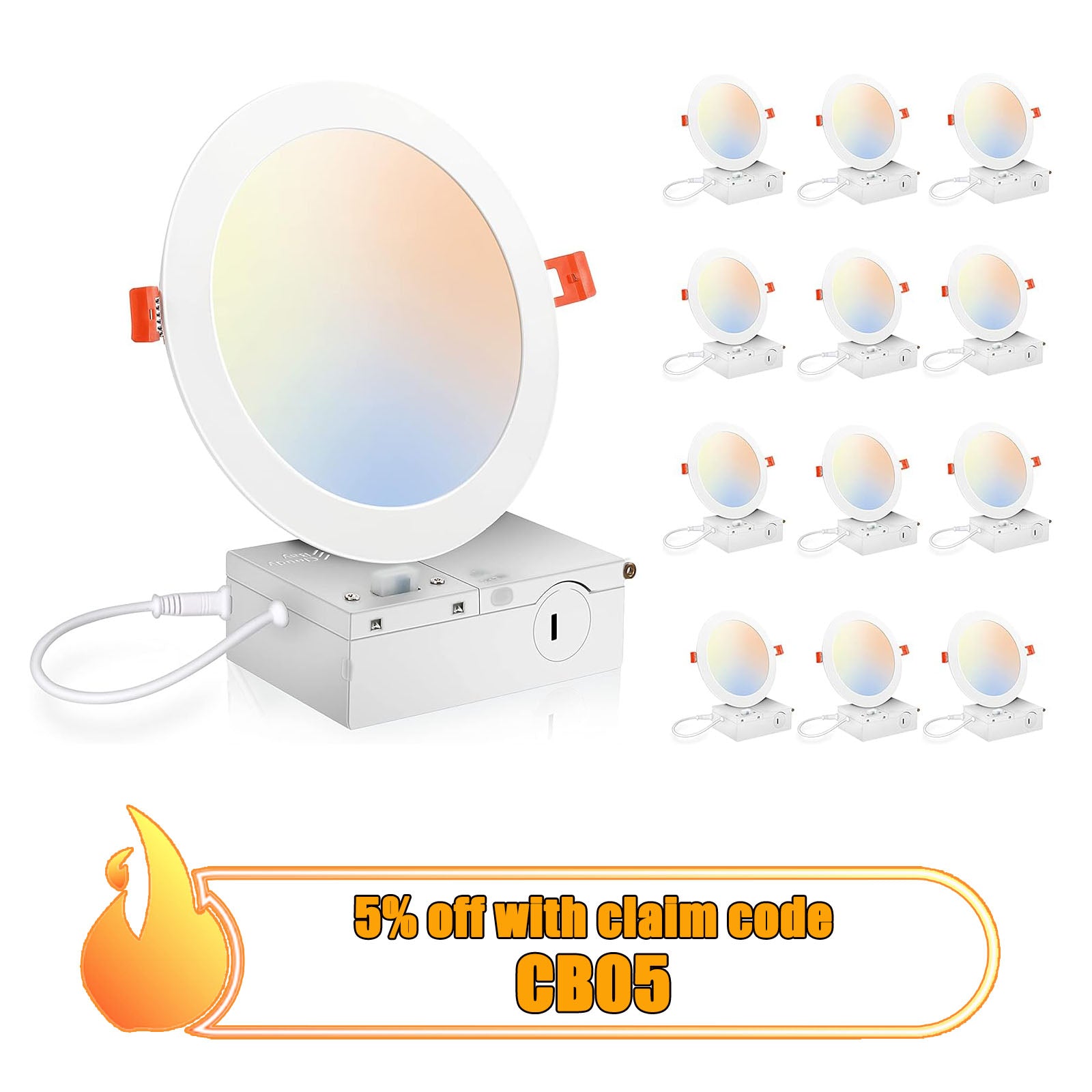 Ultra-Thin LED Recessed Light with Junction Box, 6 Inch, 5CCT, 120V 15W, White, 12 PCs