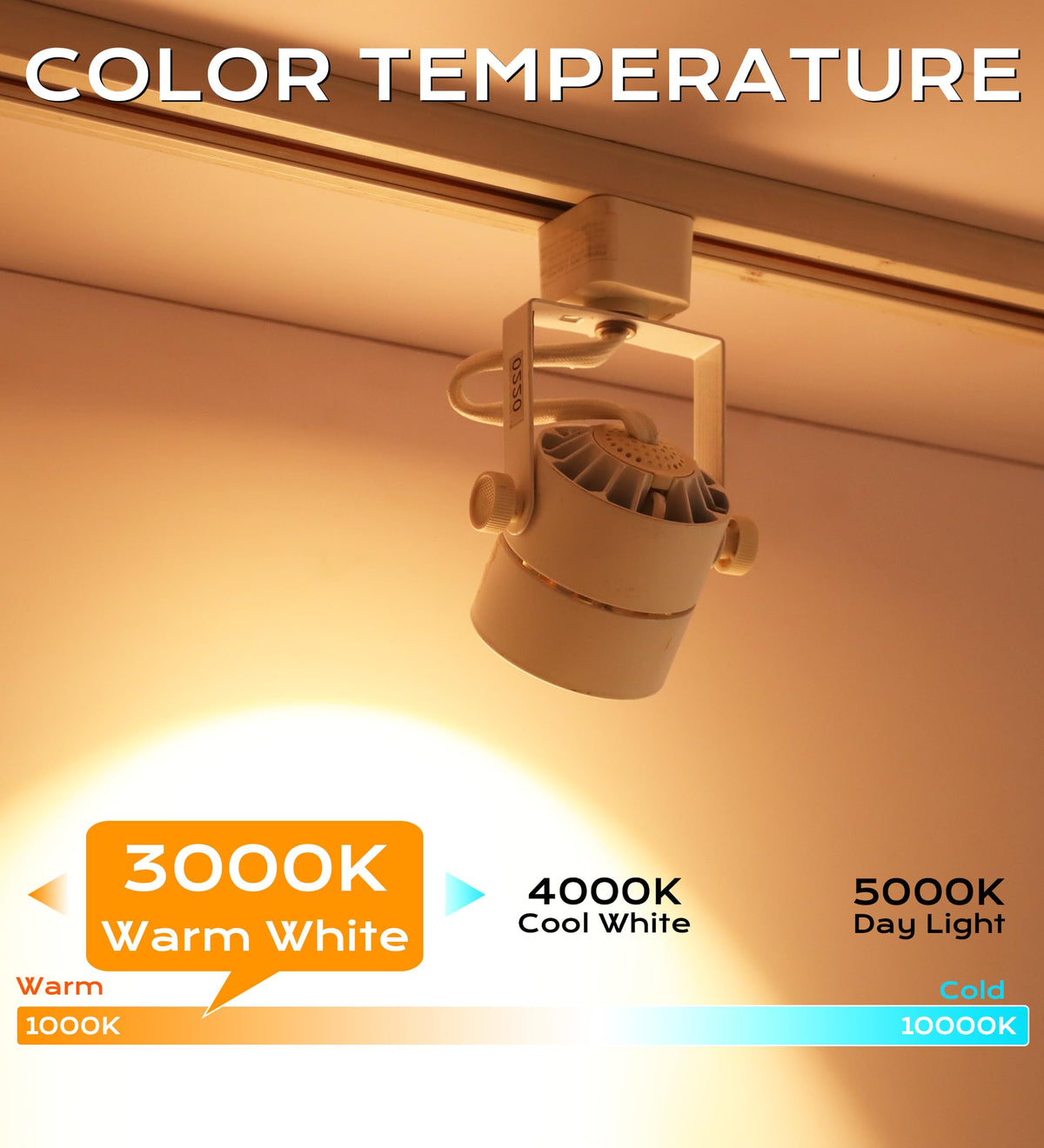 White LED track light head at 45-degree angle showing warm 3000K glow and ribbed silver reflector