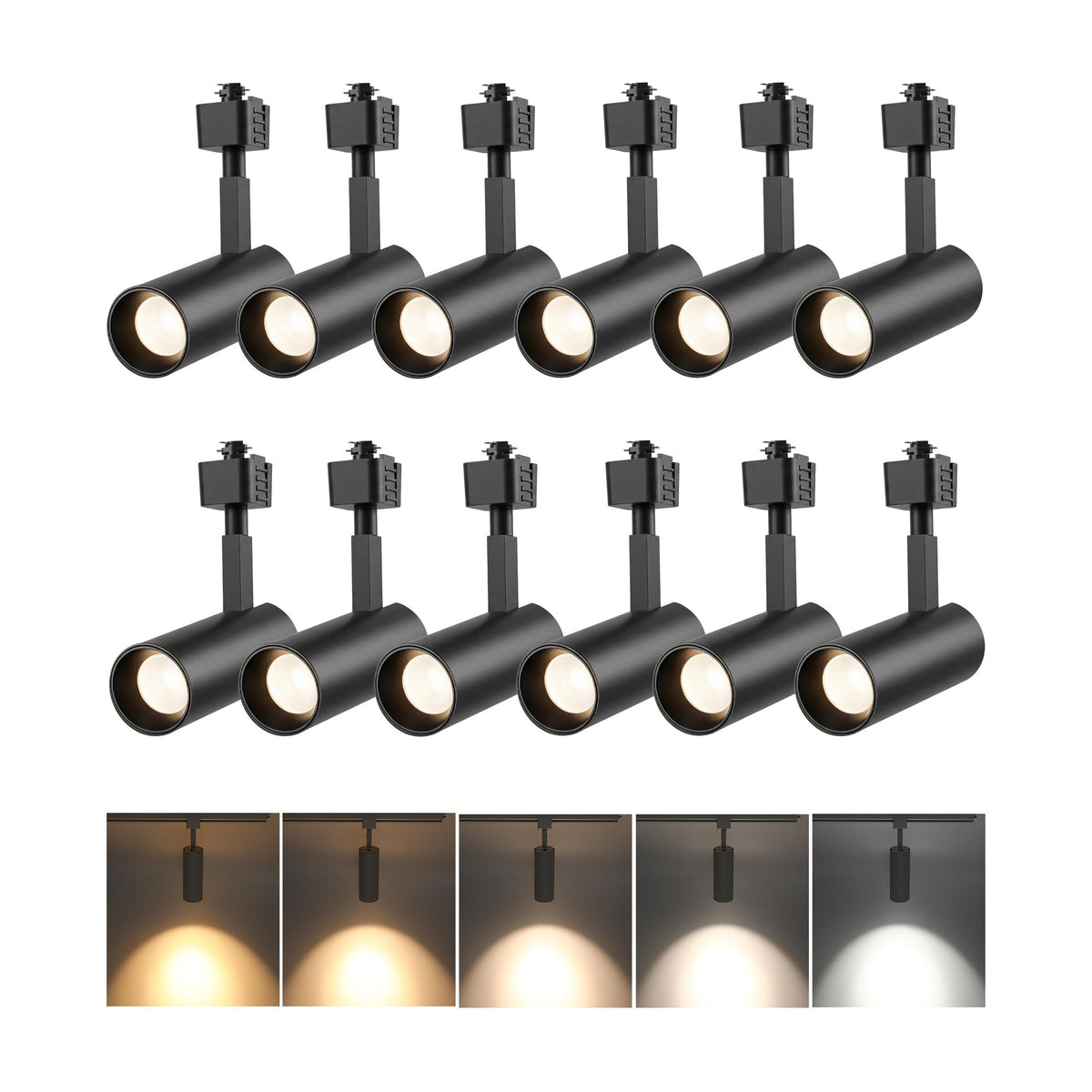 Twelve black LED track light heads in two rows with color temperature scene comparison panels below