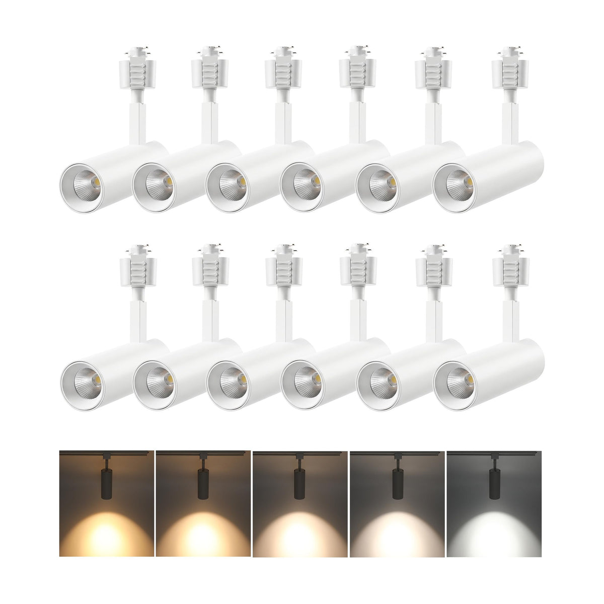 Twelve white LED track light heads in two rows with color temperature selector strip below on white background