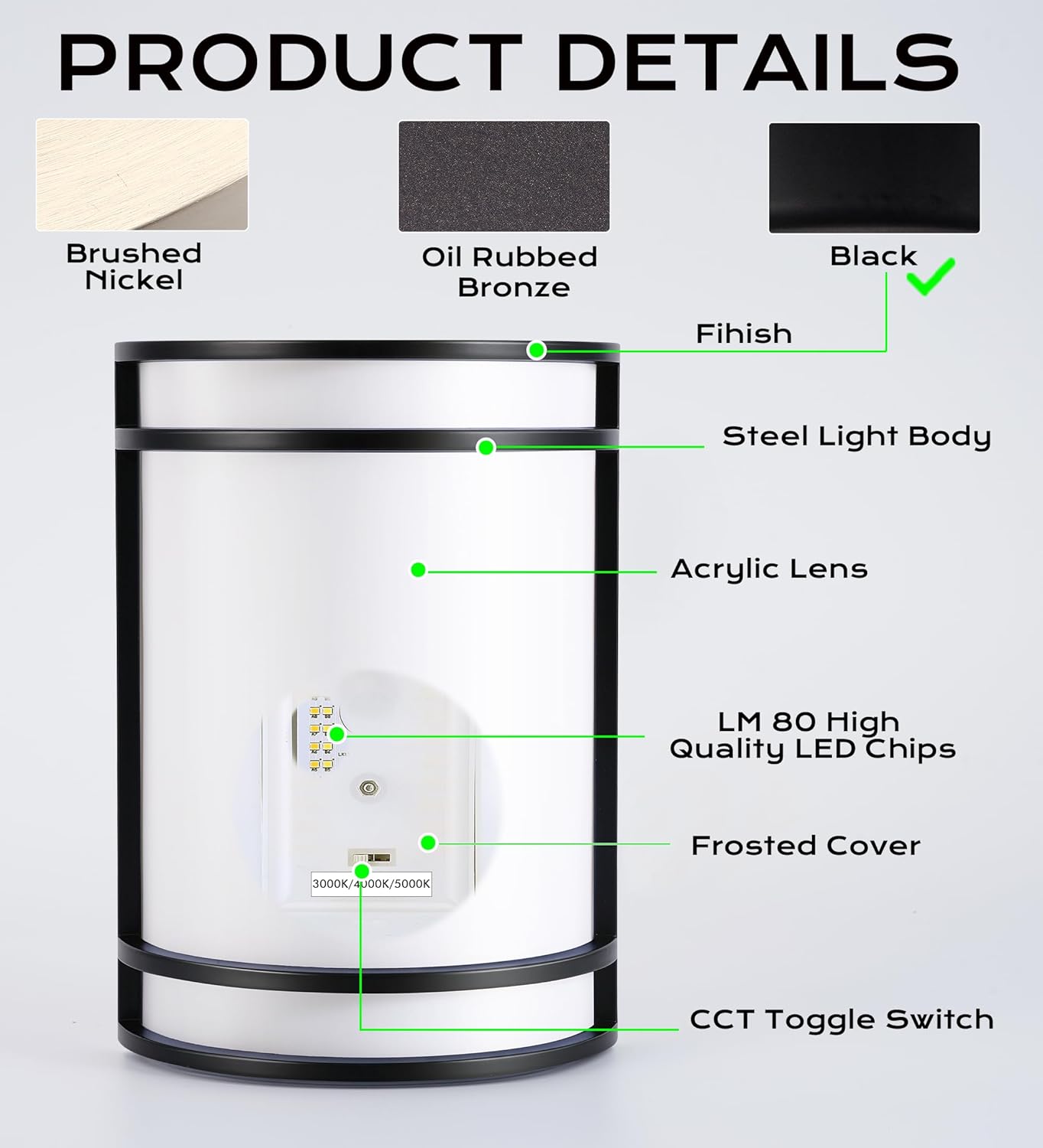 LED Wall Sconce, 715, 120V 15W, 3CCT, Black