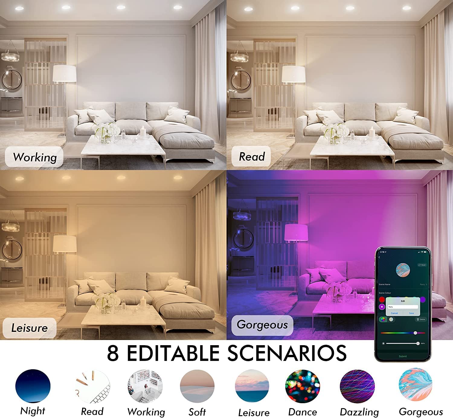Smart Wifi Ultra Thin LED Recessed Light with Junction Box, 3 Inch,RGB CW Color Changing, Compatible with Alexa and Google Home Assistant, 2700K-6500K, CRI90+, Type IC, WET Location