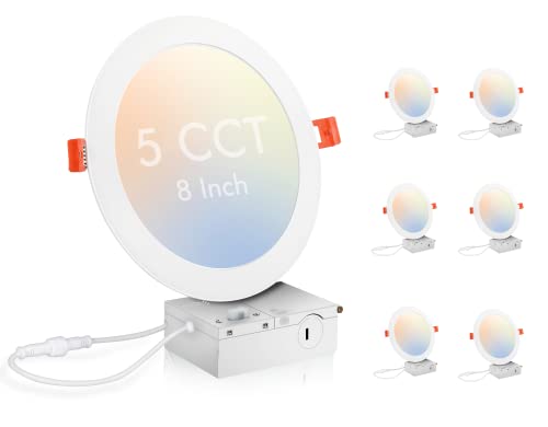 Ultra-Thin LED Recessed Ceiling Light with Junction Box, 8 Inch, 5CCT, Dimmable 20W CRI 90+ Downlight, IC Rated, ETL Listed, White Finish, 6 PCs