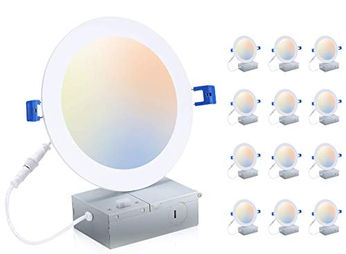 Ultra-Thin LED Recessed Ceiling Light with Junction Box,  6 inch, 3CCT, Dimmable 10W/15W CRI 90+ Downlight, IC Rated, Air Tight, ETL/JA8, White, 12 PCs