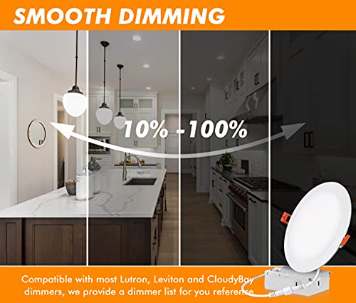 Ultra-Thin LED Recessed Ceiling Light with Junction Box, 8 Inch, 5CCT, Dimmable 20W CRI 90+ Downlight, IC Rated, ETL Listed, White Finish, 6 PCs
