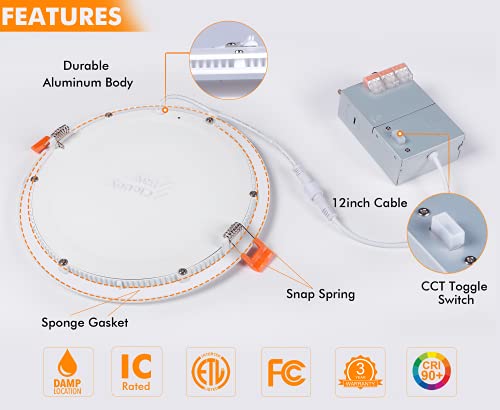 Ultra-Thin LED Recessed Ceiling Light with Junction Box, 8 Inch, 5CCT, Dimmable 20W CRI 90+ Downlight, IC Rated, ETL Listed, White Finish, 6 PCs