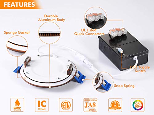 Ultra-Thin LED Recessed Ceiling Light With Junction Box, 4 Inch 3000K/ 4000K/ 5000K Selectable 3CCT, Dimmable 10W/15W CRI90+ Downlight, IC Rated, Air Tight, ETL/JA8, Oil Rubbed Bronze, 6 Pack