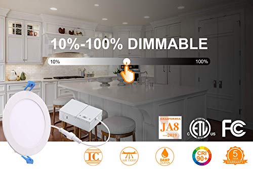 Ultra-Thin LED Recessed Ceiling Light with Junction Box, 6 inch,3000K/ 4000K/ 5000K Selectable 3CCT, Dimmable 10W/15W CRI 90+ Downlight, IC Rated, Air Tight, ETL/JA8, White Finish