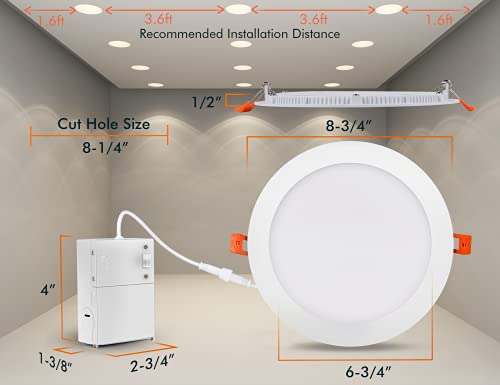 Ultra-Thin LED Recessed Ceiling Light with Junction Box, 8 Inch, 5CCT, Dimmable 20W CRI 90+ Downlight, IC Rated, ETL Listed, White Finish, 6 PCs