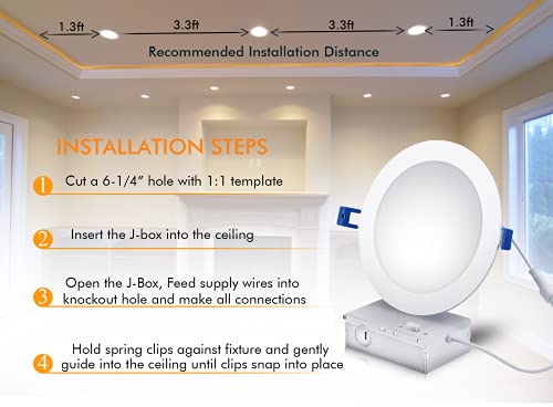 Ultra-Thin LED Recessed Ceiling Light with Junction Box, 6 inch,3000K/ 4000K/ 5000K Selectable 3CCT, Dimmable 10W/15W CRI 90+ Downlight, IC Rated, Air Tight, ETL/JA8, White Finish