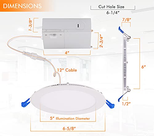 Ultra-Thin LED Recessed Ceiling Light with Junction Box, 6 inch,3000K/ 4000K/ 5000K Selectable 3CCT, Dimmable 10W/15W CRI 90+ Downlight, IC Rated, Air Tight, ETL/JA8, White Finish