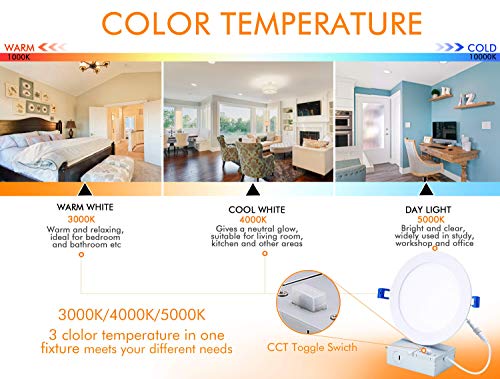 Ultra-Thin LED Recessed Ceiling Light with Junction Box, 6 inch,3000K/ 4000K/ 5000K Selectable 3CCT, Dimmable 10W/15W CRI 90+ Downlight, IC Rated, Air Tight, ETL/JA8, White Finish