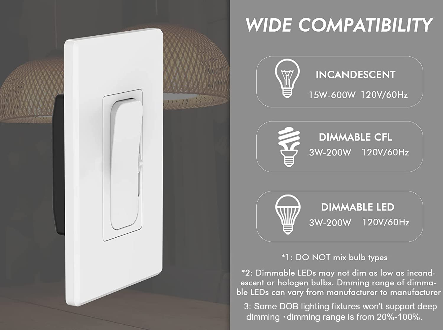 LED Digital Dimmer Switch for LED Light/CFL/Incandescent, 004, 10 PCs