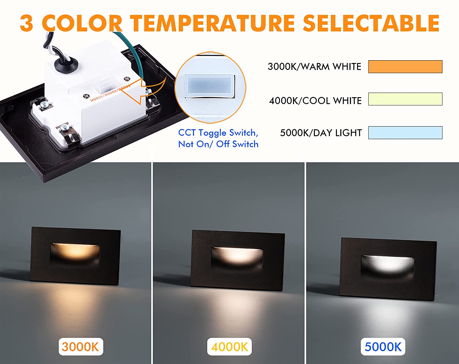 LED Step/Stair Light, 120V 3W 100lm, 3CCT, Dimmable, ORB Finish, 12 PCs