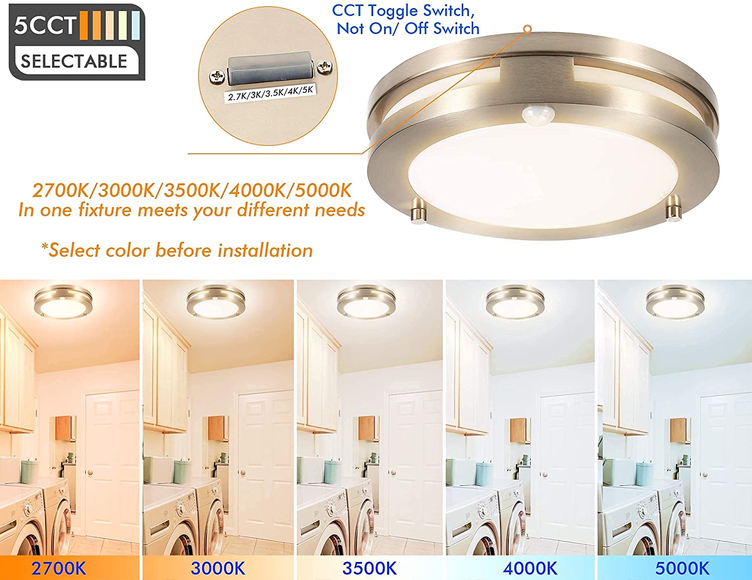 LED Flush Mount Motion Sensor Ceiling Light, 10 Inch, 20W 1200lm 5CCT, CRI90+, BN