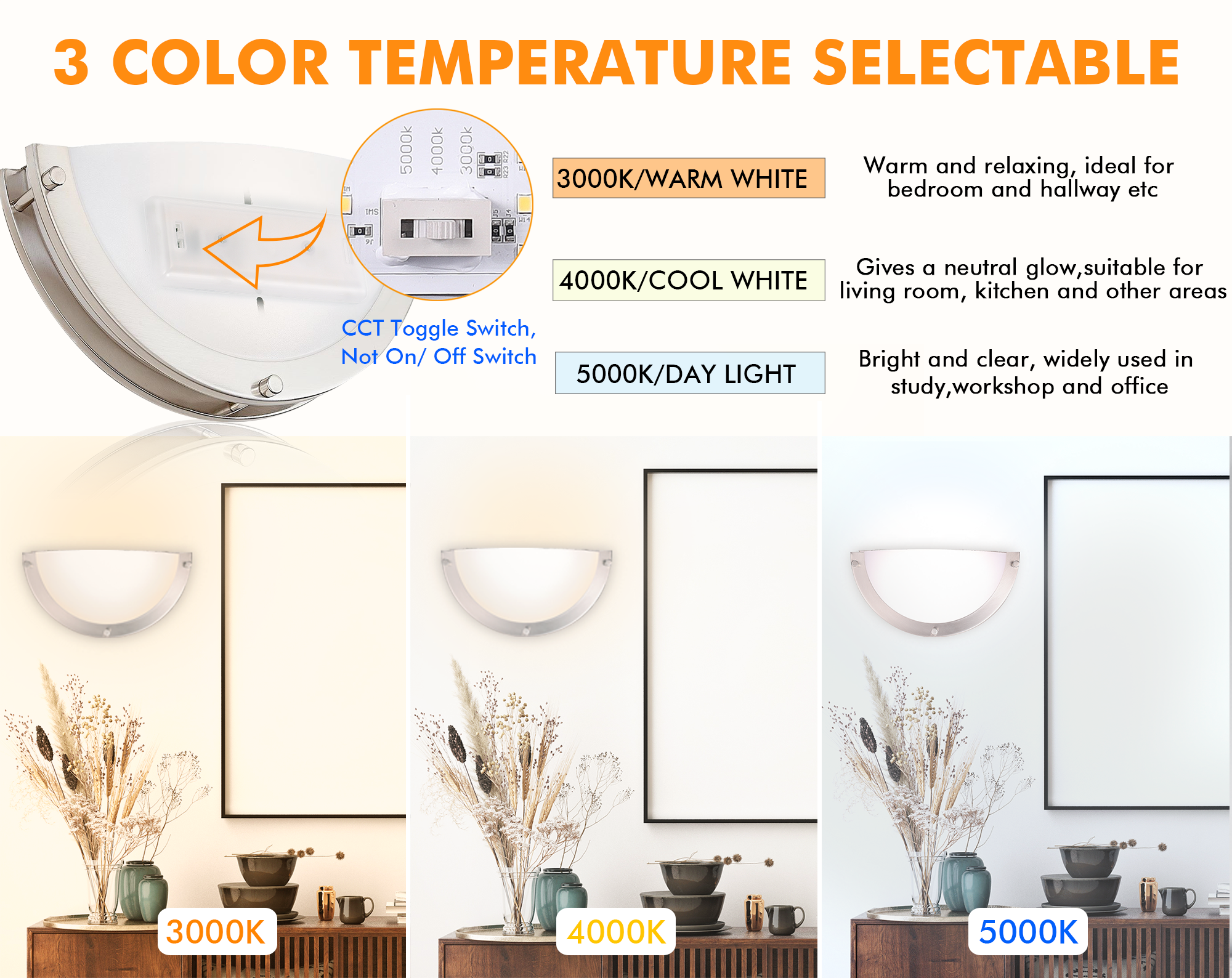 LED Wall Sconce, 12 Inch, 3000K/4000K/5000K Selectable 3CCT, 15W Dimmable CRI90+ Wall Light, ETL Listed LED Half Moon Wall Fixture, Brushed Nickel Finish