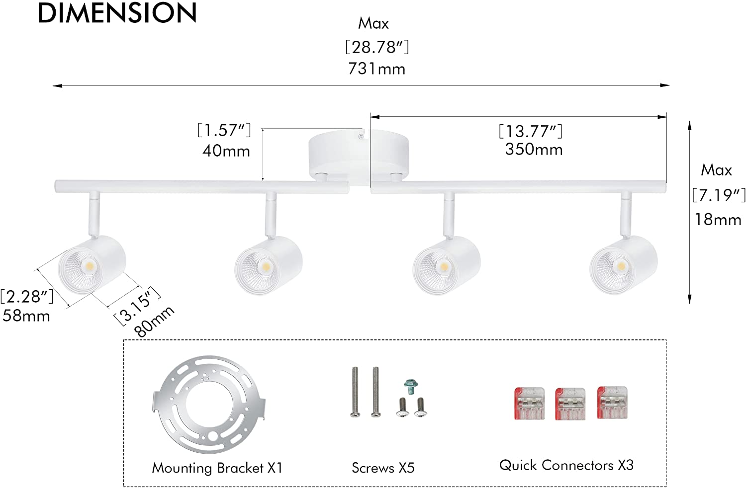 30W 4-Head LED Dimmable Track Lighting Kit, 3000K/4000K/5000K Selectable 2400lm CRI90, Flexibly Rotatable Light Head for Accent Decorative Lighting,White