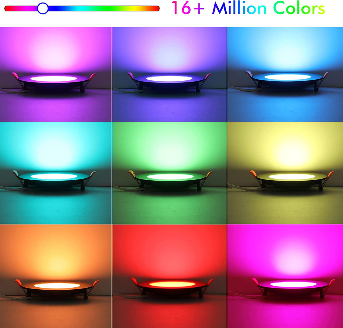 Smart downlights comparing RGB color-changing and warm white lighting in two living room scenes with a color spectrum bar