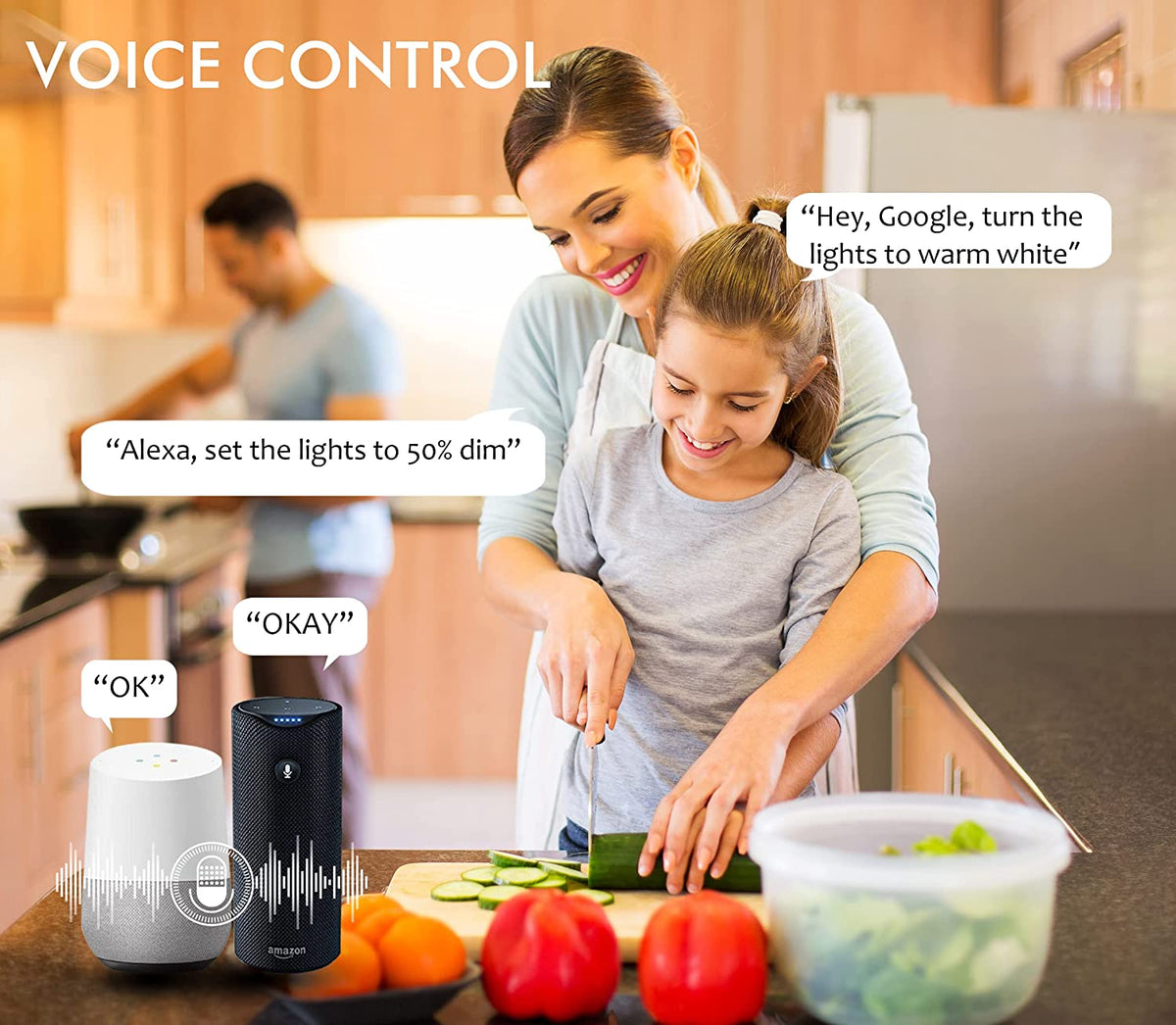 Voice control scene with bronze smart downlights in a living room, smartphone lighting app and smart speaker