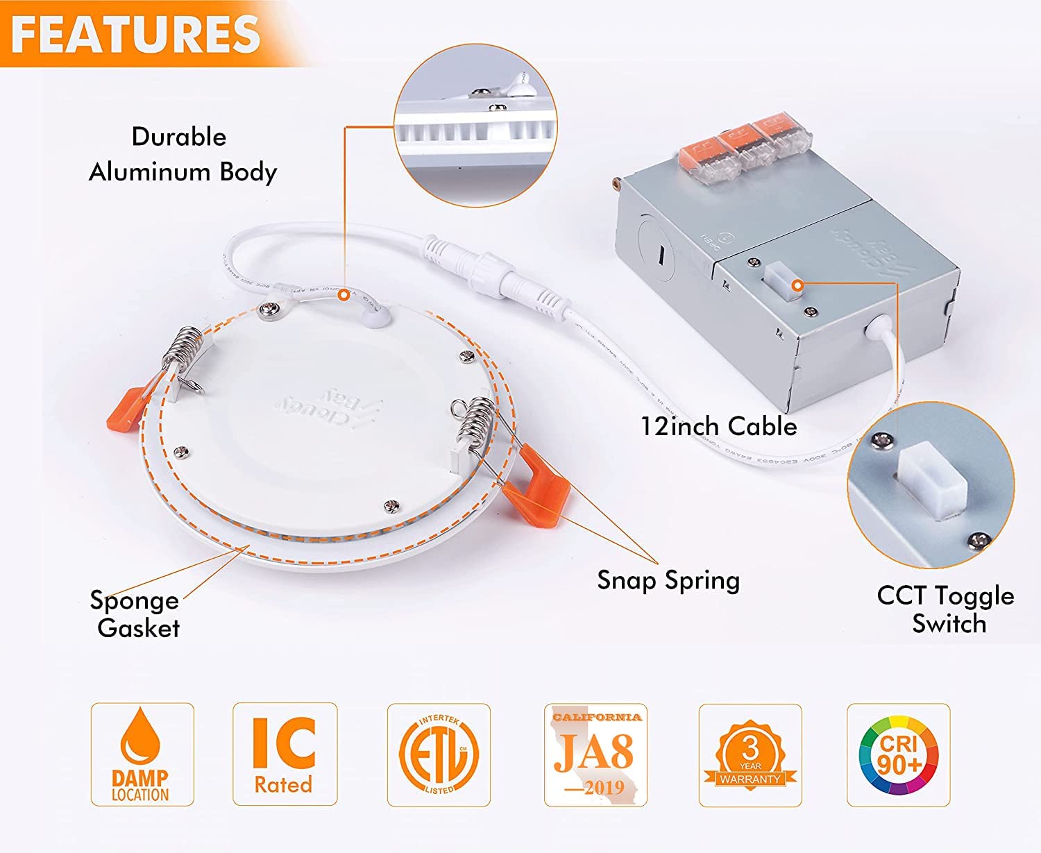 Ultra-Thin LED Recessed Light with Junction Box, 4 Inch, 5CCT, 120V 10W, White, 6 PCs