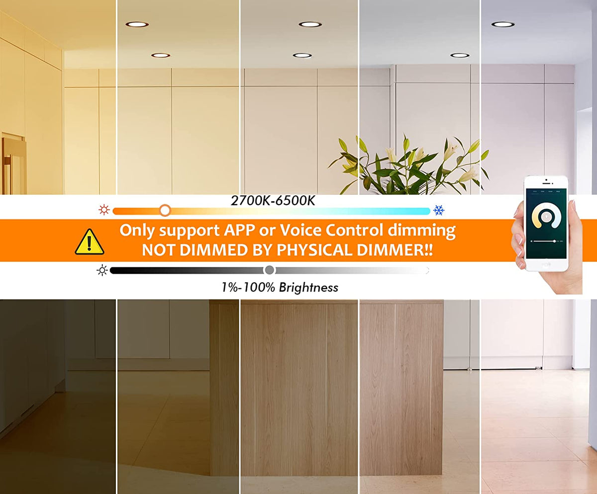Smart LED downlight app dimming control demo with phone slider and warm bathroom ceiling scene