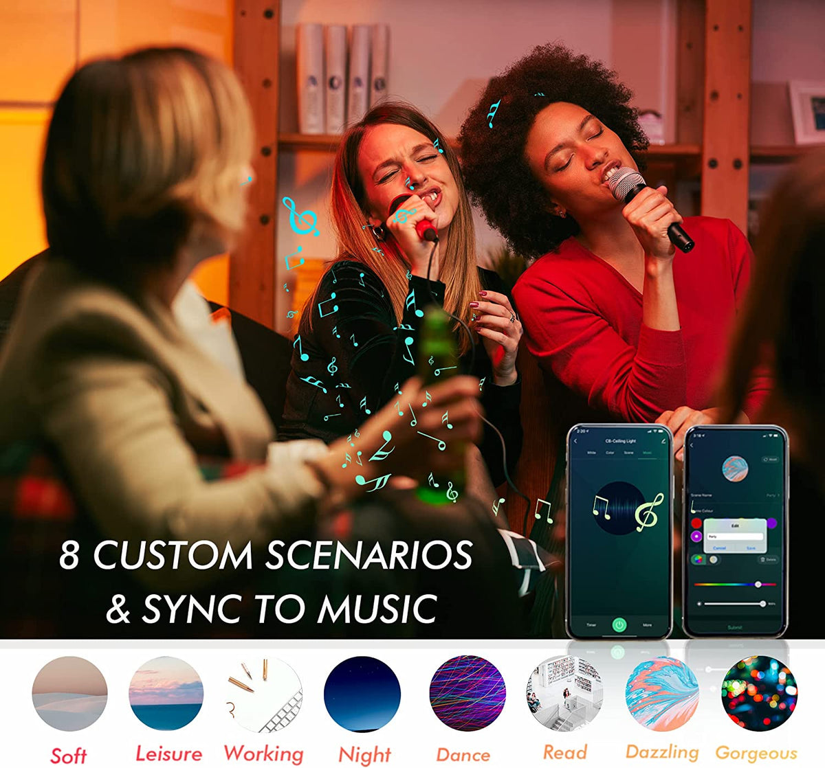 Smart LED downlight music sync feature shown via phone app with playlist beside ceiling fixture in a cozy living room scene
