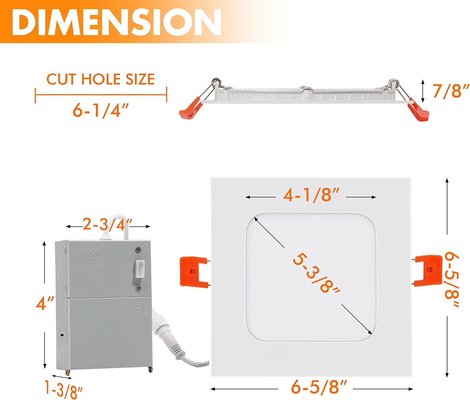 6 Pack 6 Inch 5CCT Ultra-Thin LED Square Recessed Ceiling Light with Junction Box,2700K/3000K/3500K/4000K/5000K Selectable,15W Dimmable Canless Downlight,850LM