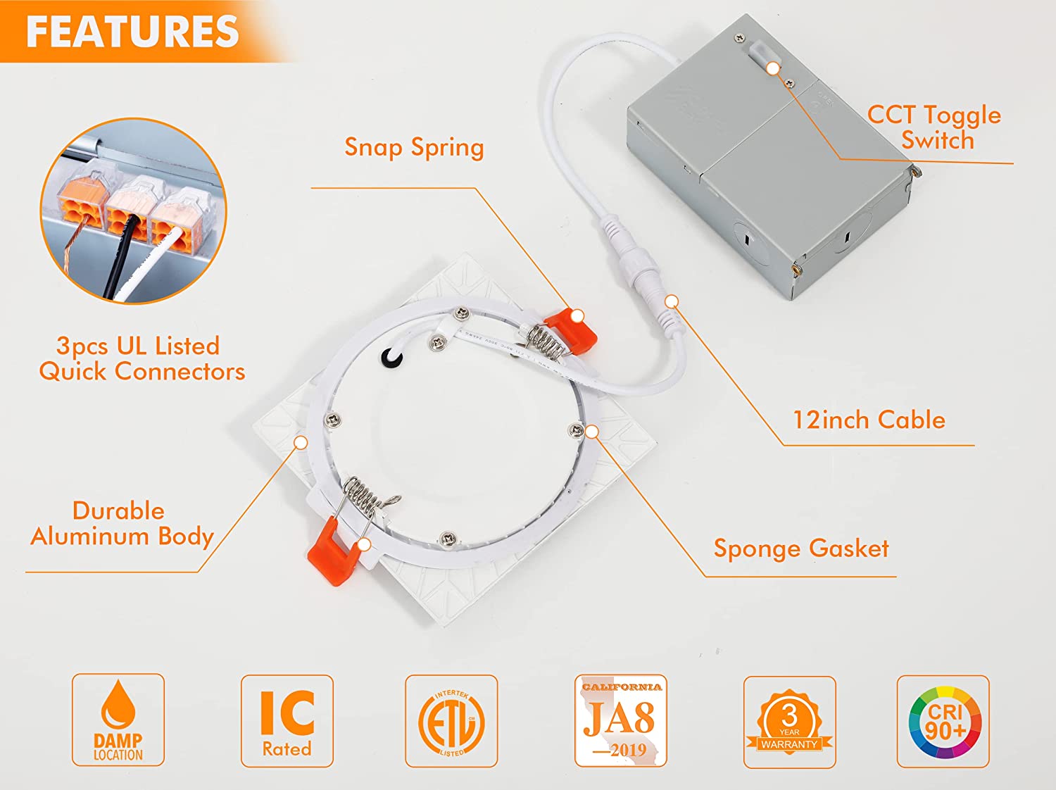 6 Pack 6 Inch 5CCT Ultra-Thin LED Square Recessed Ceiling Light with Junction Box,2700K/3000K/3500K/4000K/5000K Selectable,15W Dimmable Canless Downlight,850LM