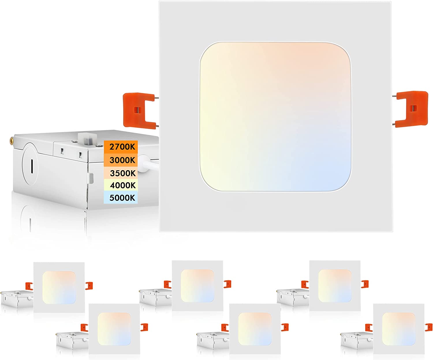 6 Pack 6 Inch 5CCT Ultra-Thin LED Square Recessed Ceiling Light with Junction Box,2700K/3000K/3500K/4000K/5000K Selectable,15W Dimmable Canless Downlight,850LM