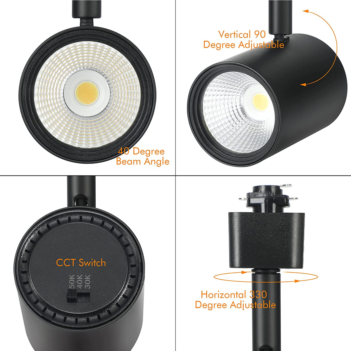 Black LED track light head in a four-panel collage of lens, tilt, housing, and connector detail views