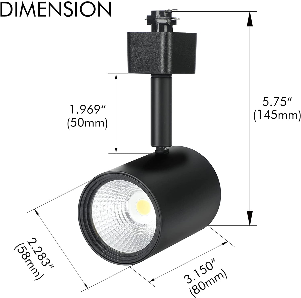 Black LED track light head on a ceiling track with dimension diagram and rotation icon