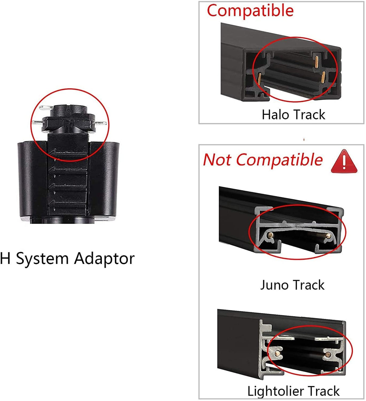 Track light adapter with twist-lock connector detail and track compatibility comparison chart on white background
