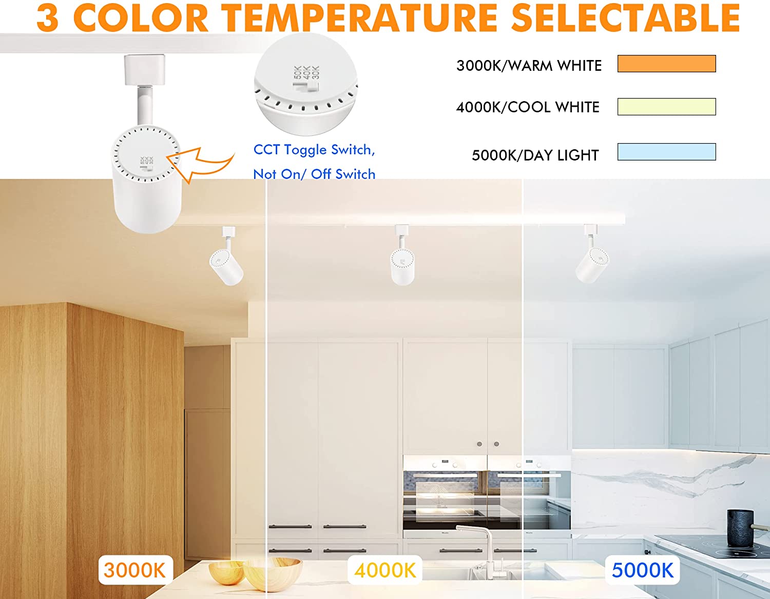 LED Track Lighting Heads,3000K/4000K/5000K Selectable,Dimmable 8W,CRI90+ True Color Rendering Adjustable Tilt Angle Track Light,White,Halo Type,Pack of 6