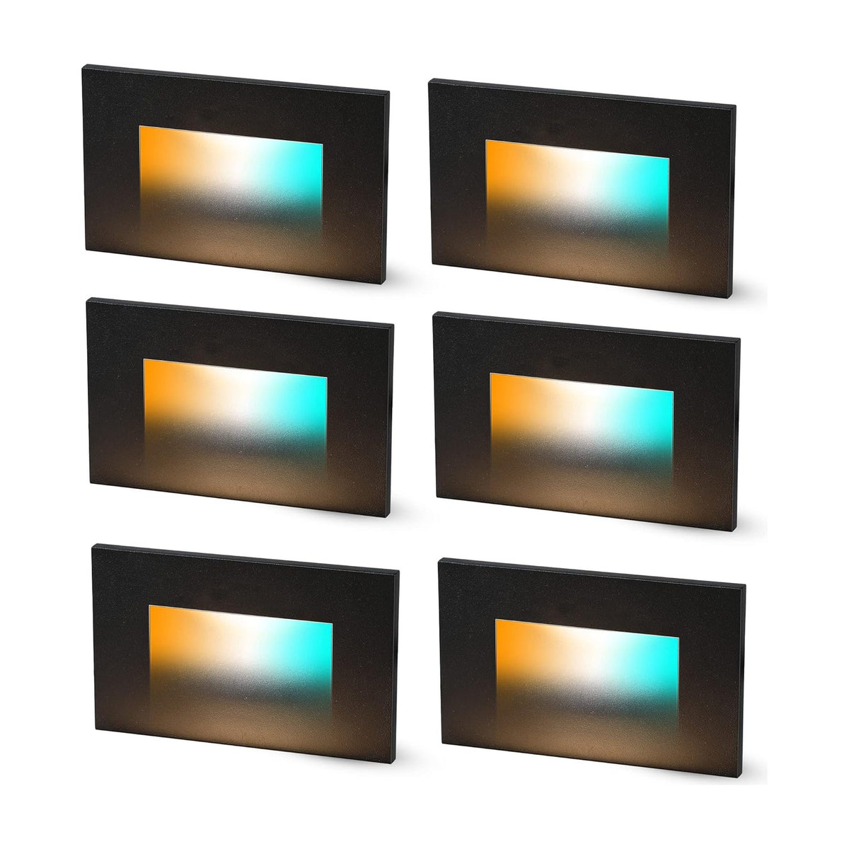 Cloudy Bay Six black rectangular recessed LED step lights in a grid on white background, lit warm