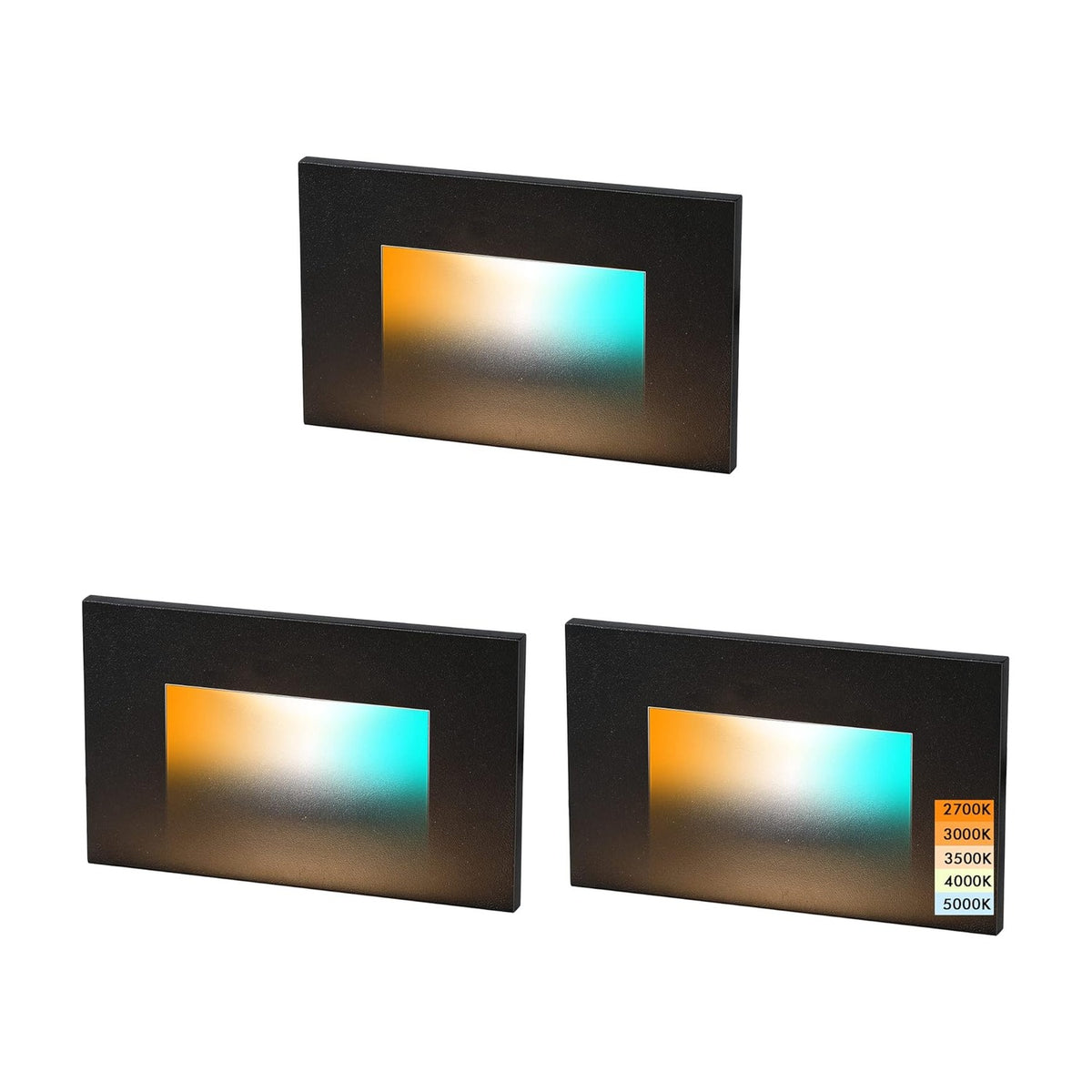 Cloudy Bay Three black rectangular LED step lights on white background