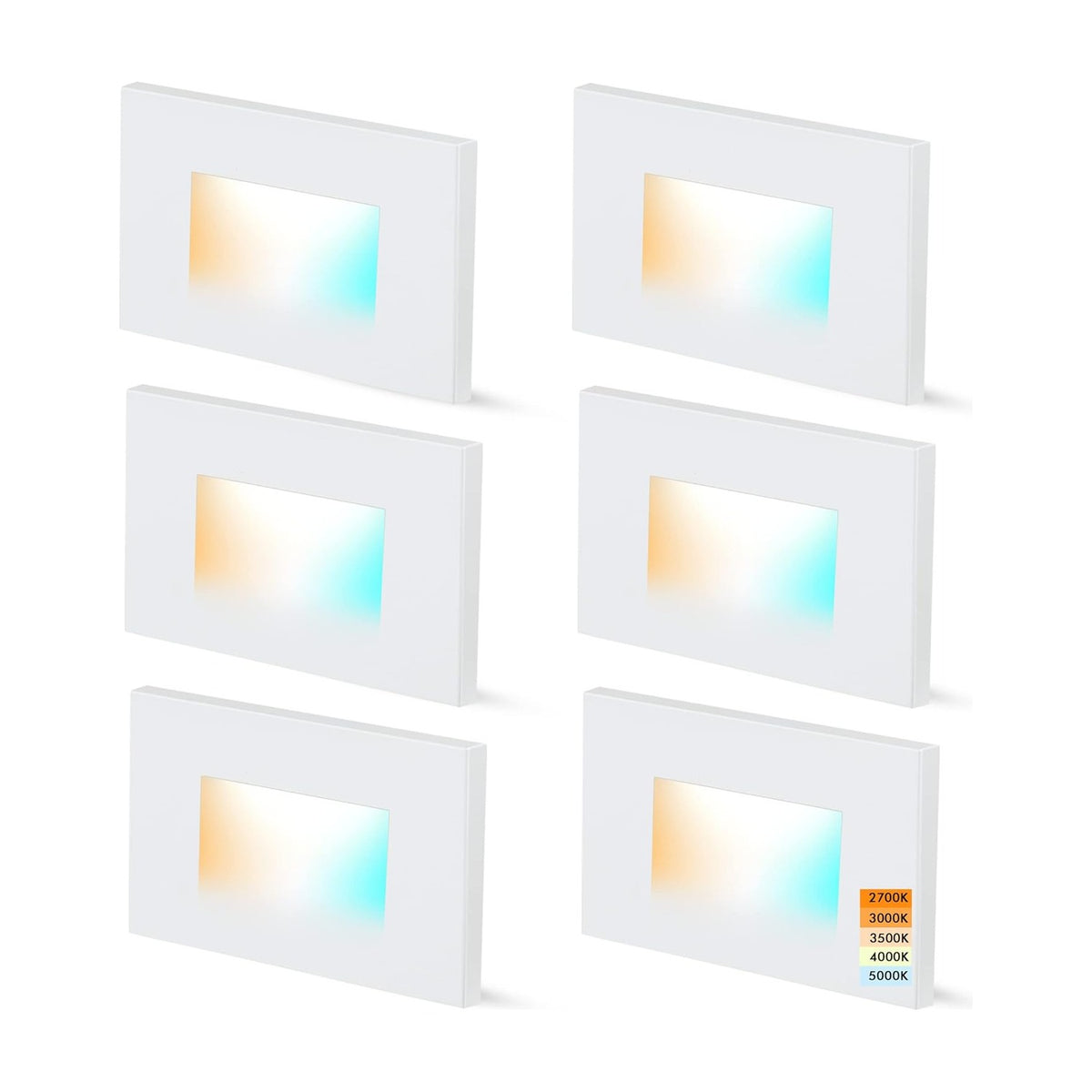 Cloudy Bay Six white rectangular recessed LED step lights in a 2x3 grid on white background, each lit warm